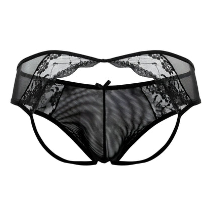 Black candyMan 99538 lace jockstrap thong with lace trim mesh material and central bow detail
