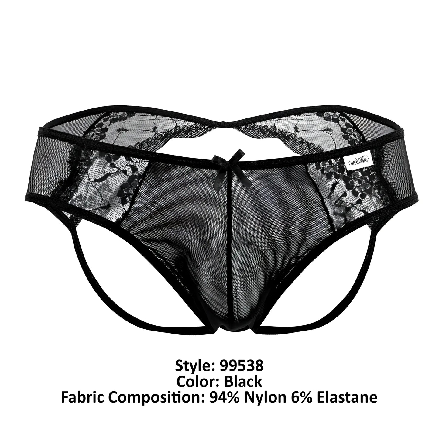 Black lace trim mesh thong with central bow detail from candyman 99538 lace jockstrap in black color