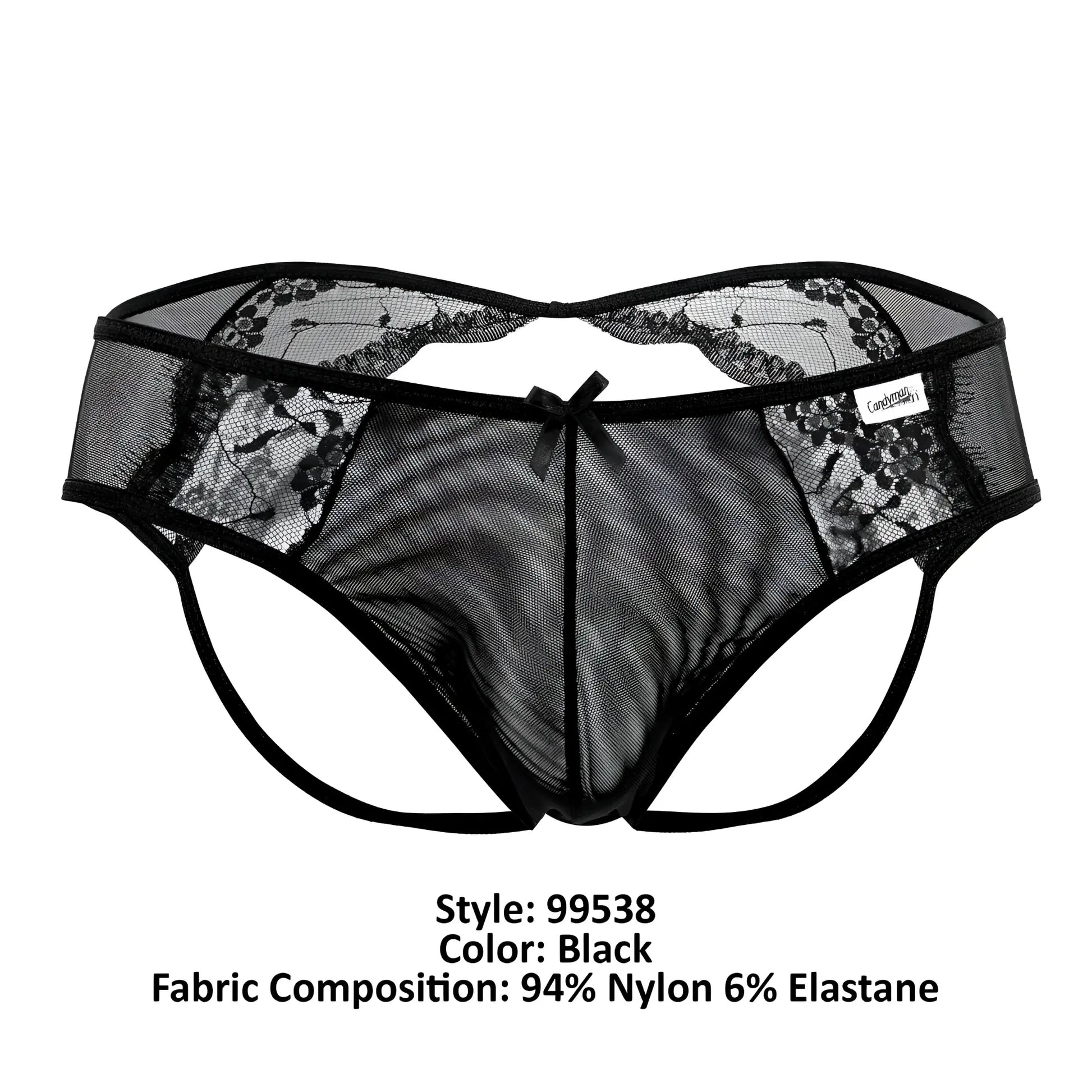 Black lace trim mesh thong with central bow detail from candyman 99538 lace jockstrap in black color