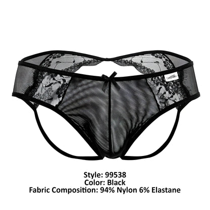 Black lace trim mesh thong with central bow detail from candyman 99538 lace jockstrap in black color