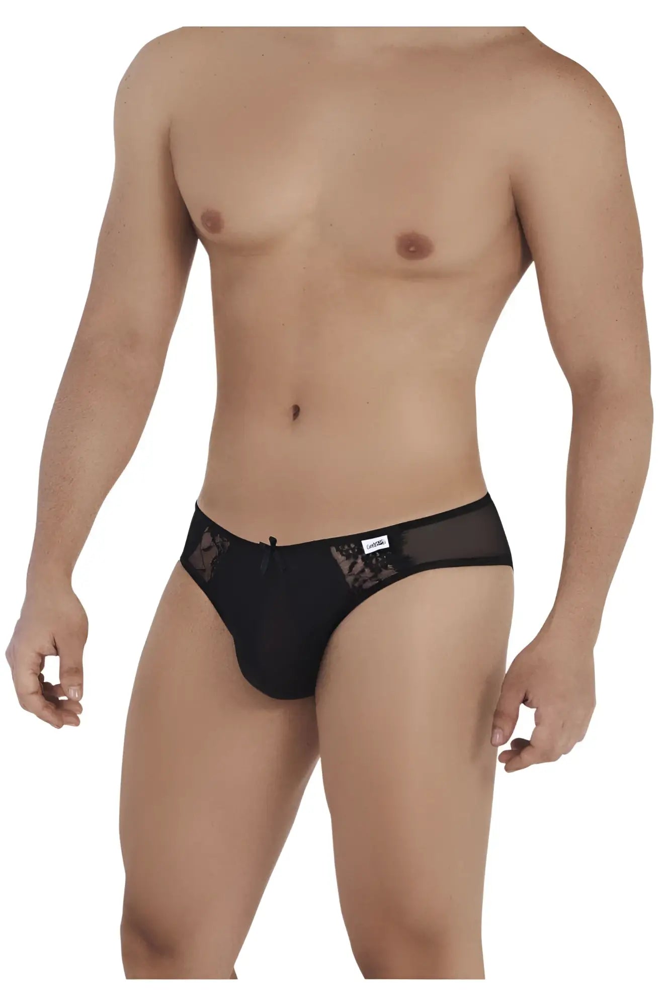 Black CandyMan 99538 lace jockstrap with lace trim sheer mesh panel and small brand tag briefs style