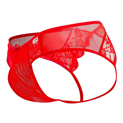 Red lace mesh briefs with delicate floral pattern and thin elastic waistband candyMan 99538 lace jockstrap red