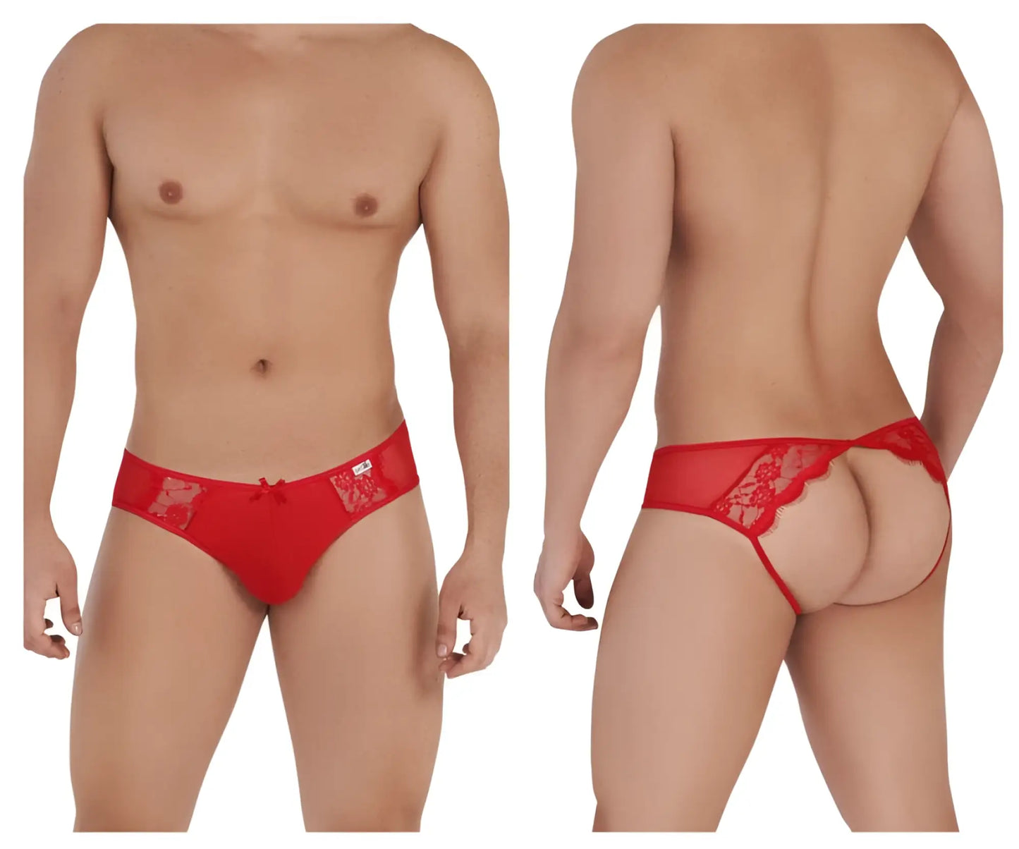 Candyman 99538 lace jockstrap in red with floral lace patterns and a small bow on the front