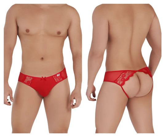 Candyman 99538 lace jockstrap in red with floral lace patterns and a small bow on the front
