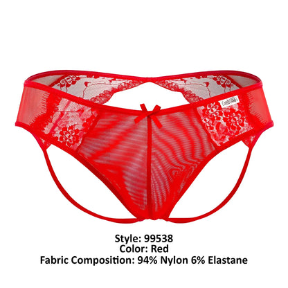 Candyman 99538 lace jockstrap in red with floral lace patterns and a small bow at the center front