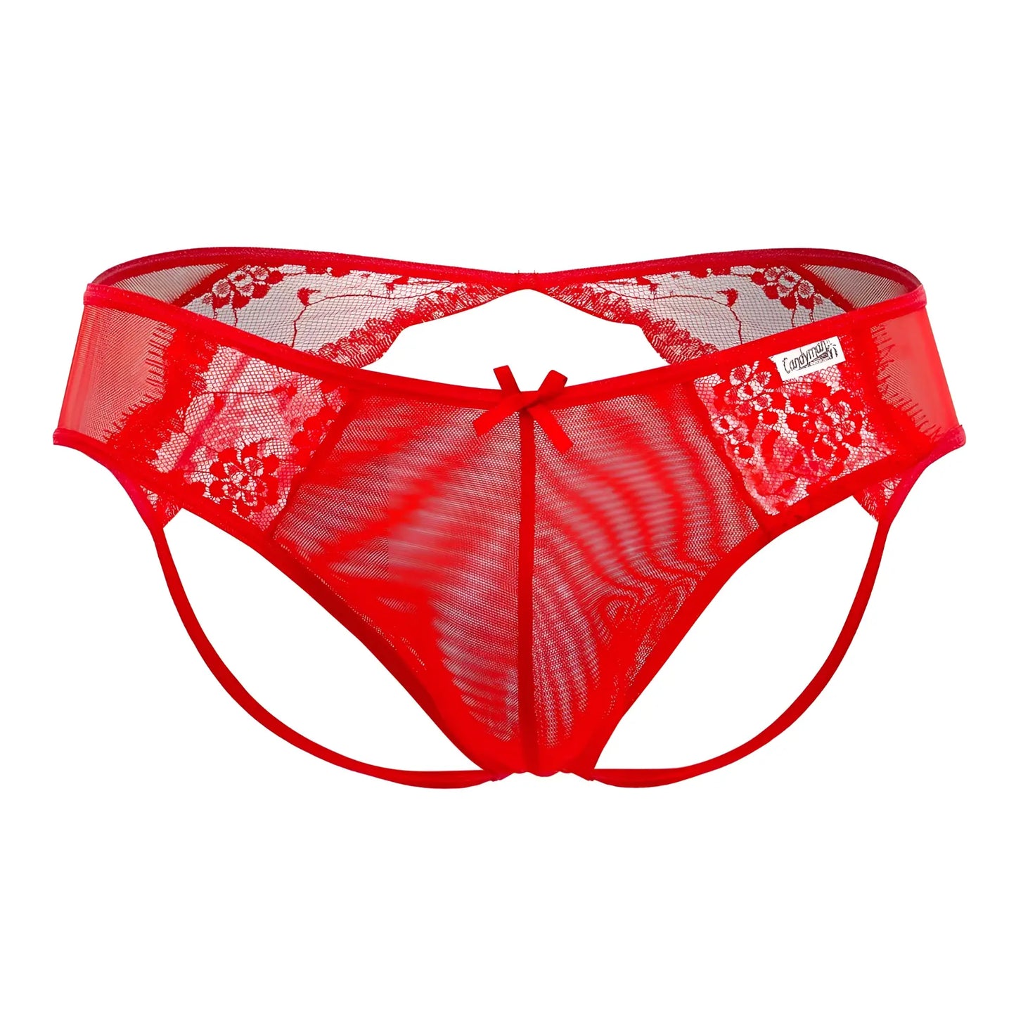 Candyman 99538 lace jockstrap in red features a floral lace thong design with a small bow at the center front