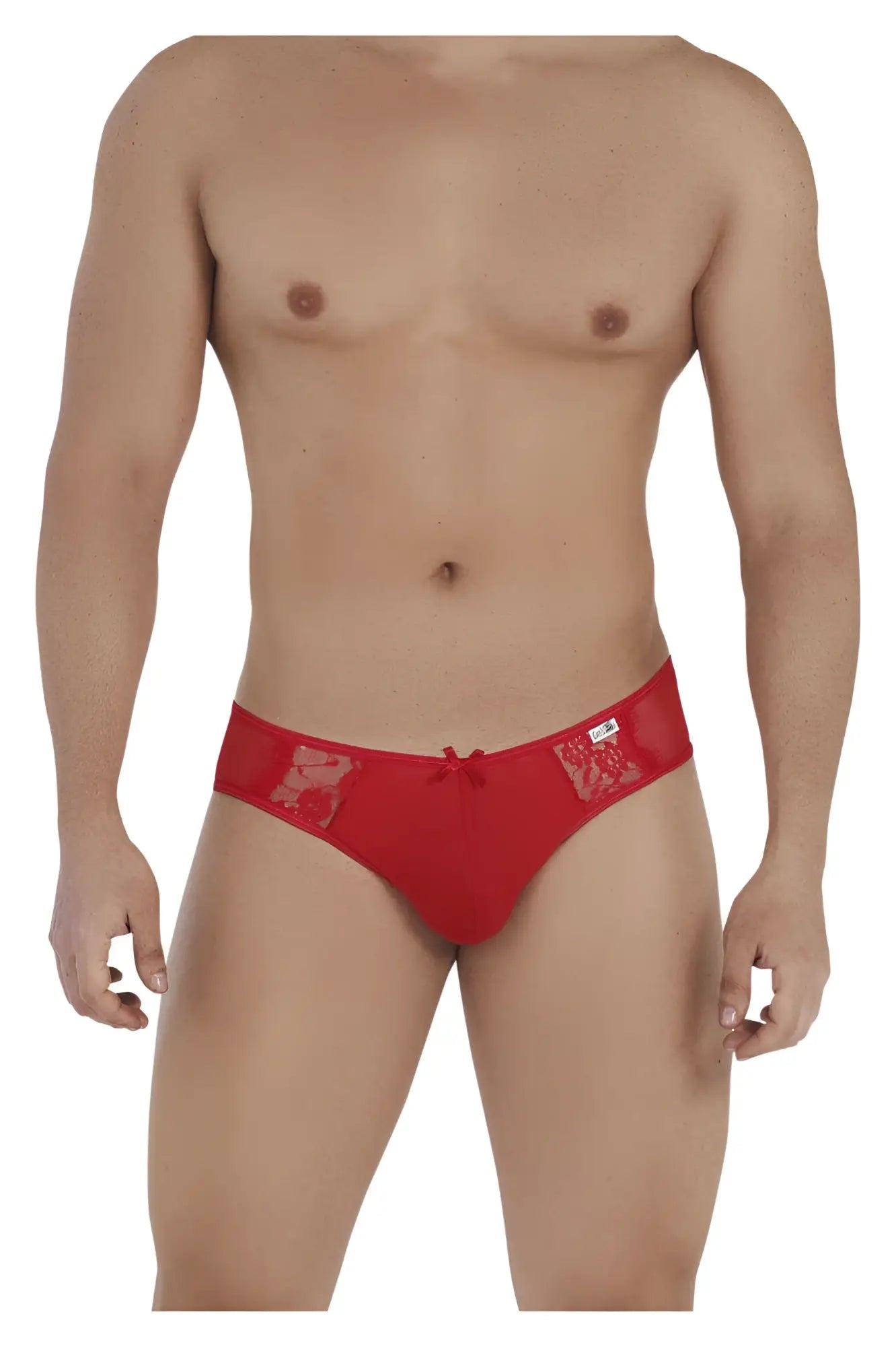 Candyman 99538 lace jockstrap in red with lace-trimmed briefs and a small bow at the front
