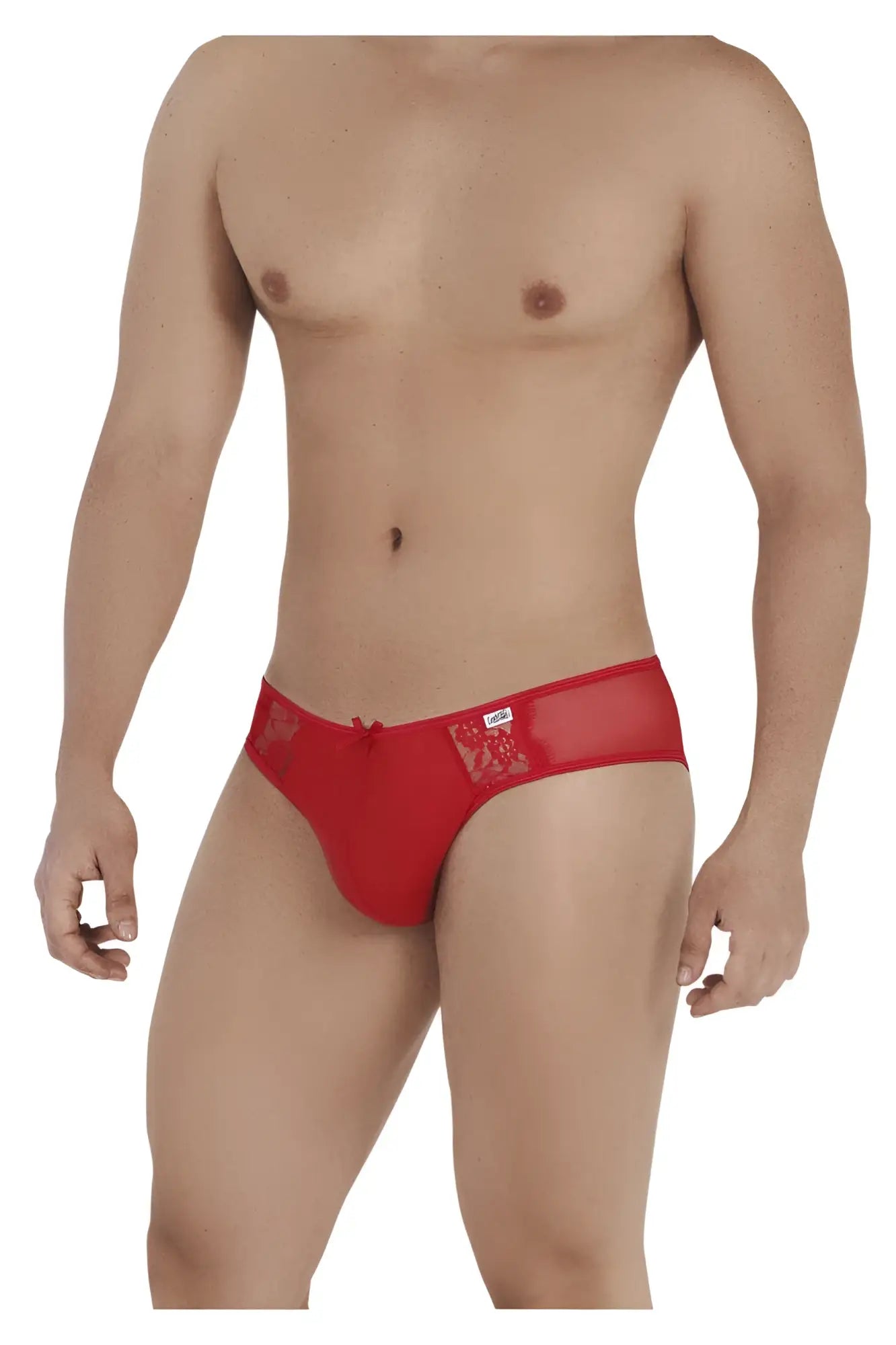 Red lace-trimmed candy man 99538 jockstrap with sheer mesh panel and decorative embroidery for men