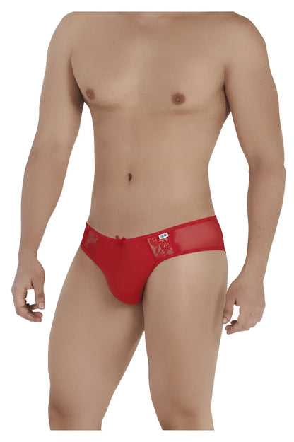 Red lace-trimmed candy man 99538 jockstrap with sheer mesh panel and decorative embroidery for men
