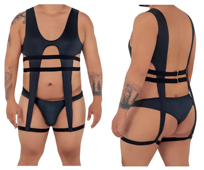 Black satin-like gladiator bodysuit candyMan 99541X with adjustable straps and back buckle shown from the back side