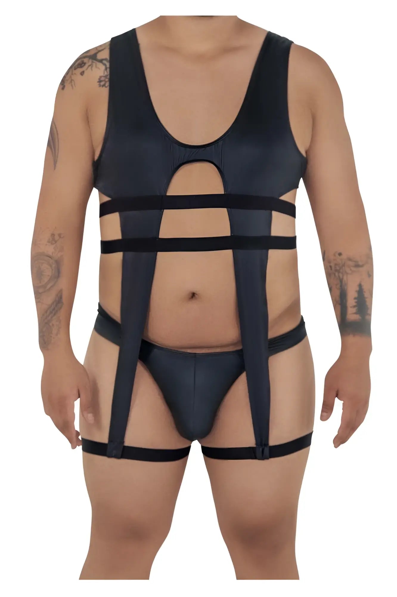 Black satin-like candyMan 99541X gladiator bodysuit with adjustable straps and matching thong front view