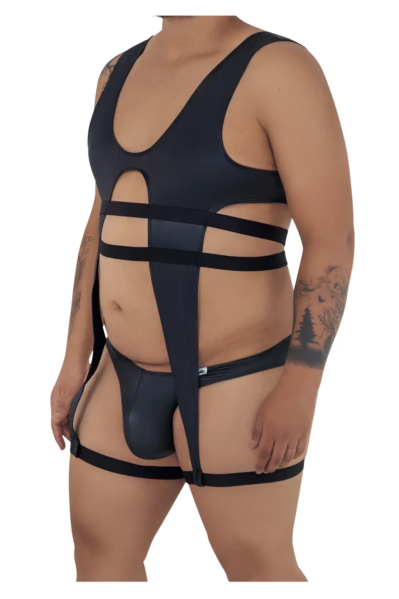 Black form-fitting strappy harness-style candyman 99541x gladiator bodysuit with glossy finish and cut-out design