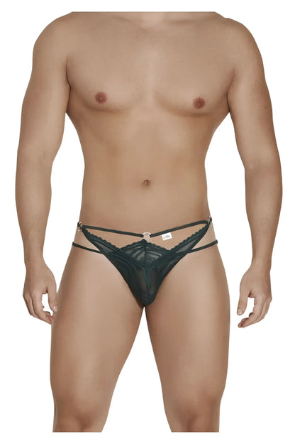Black lace thong candyMan 99547 color hunter green with central circular clasp and decorative straps in front view