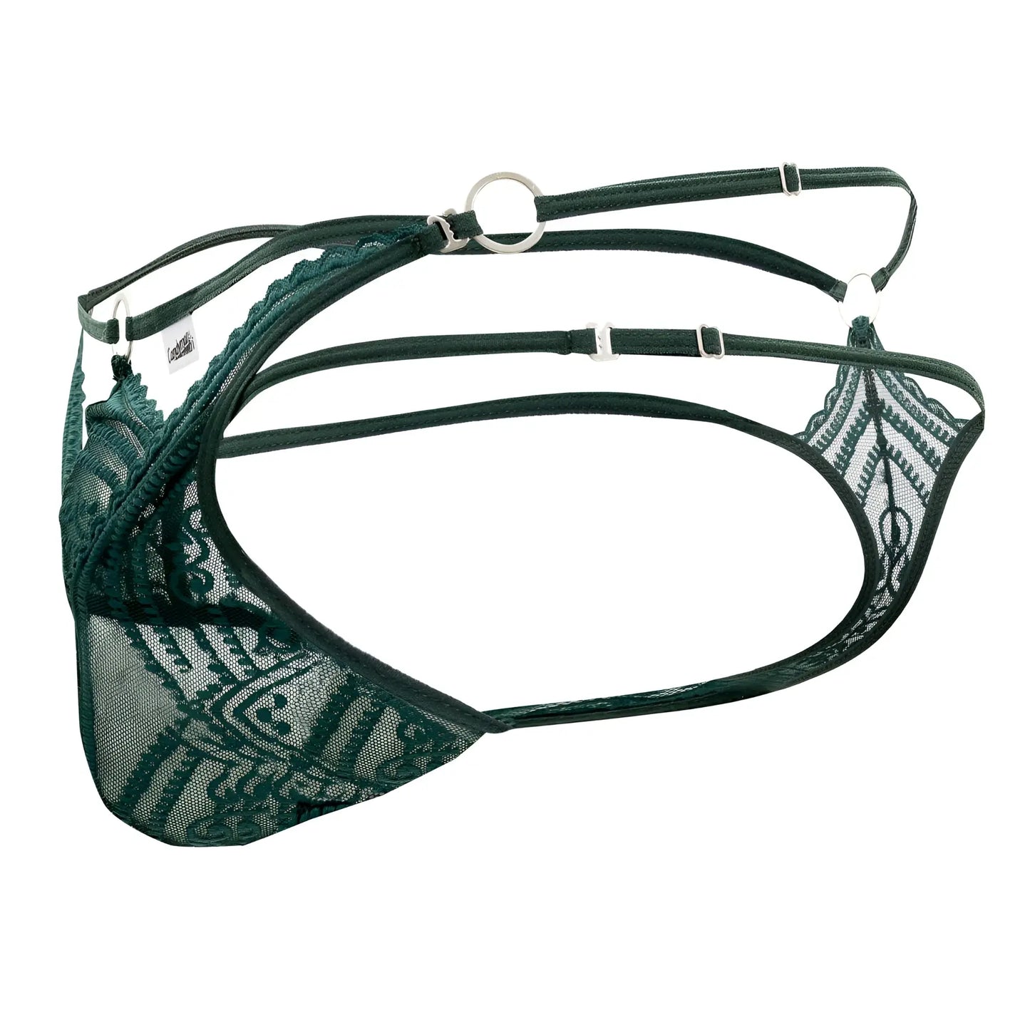 Dark green lace lingerie double thongs with intricate patterns and adjustable straps by candyman 99547 hunter green