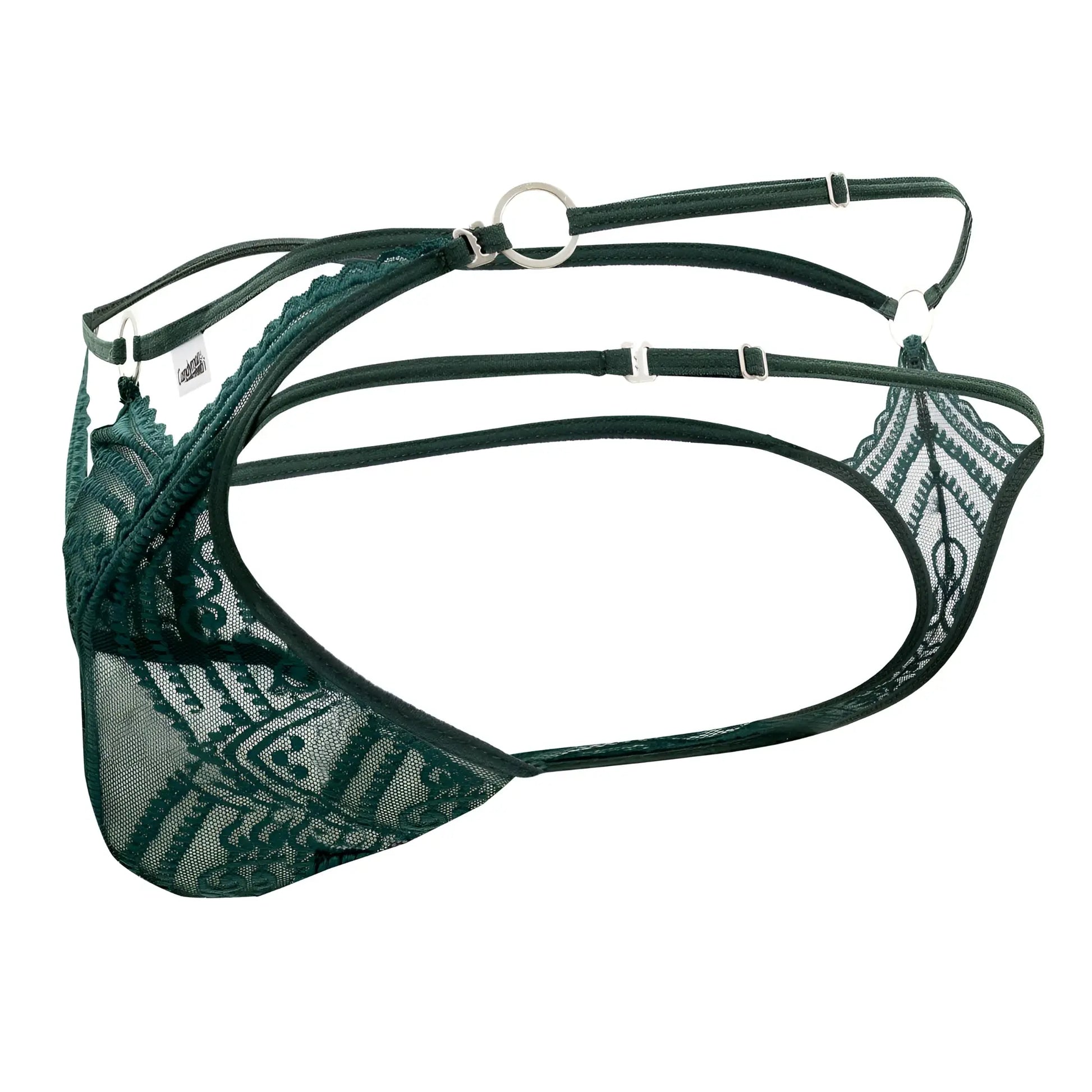 Dark green lace lingerie double thongs with intricate patterns and adjustable straps by candyman 99547 hunter green