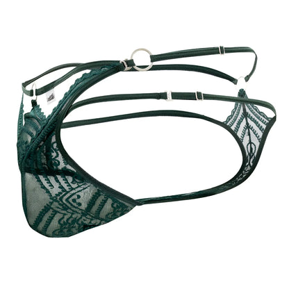 Dark green lace lingerie double thongs with intricate patterns and adjustable straps by candyman 99547 hunter green