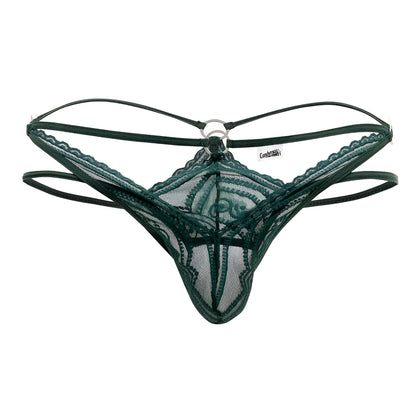 Dark green candyMan 99547 double thong with lace material central ring and adjustable straps in hunter green color