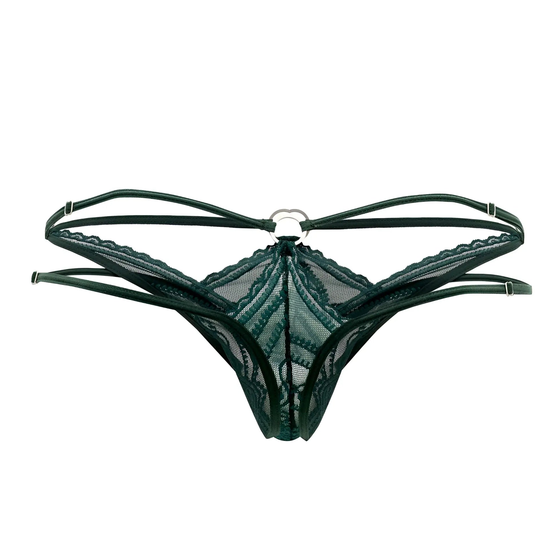 Dark green lace thong with central metal ring and adjustable straps from Candyman 99547 double thongs Hunter Green