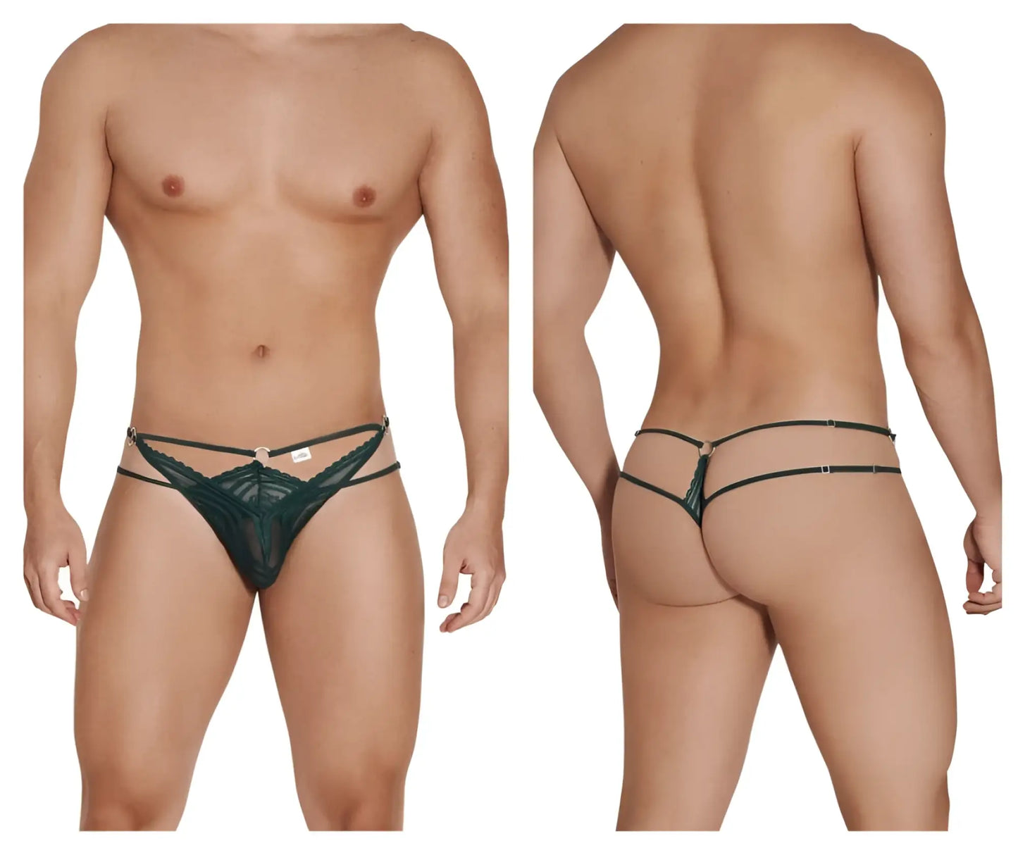 Dark green lace thong CandyMan 99547 double thongs with multiple straps and central metallic clasp front view