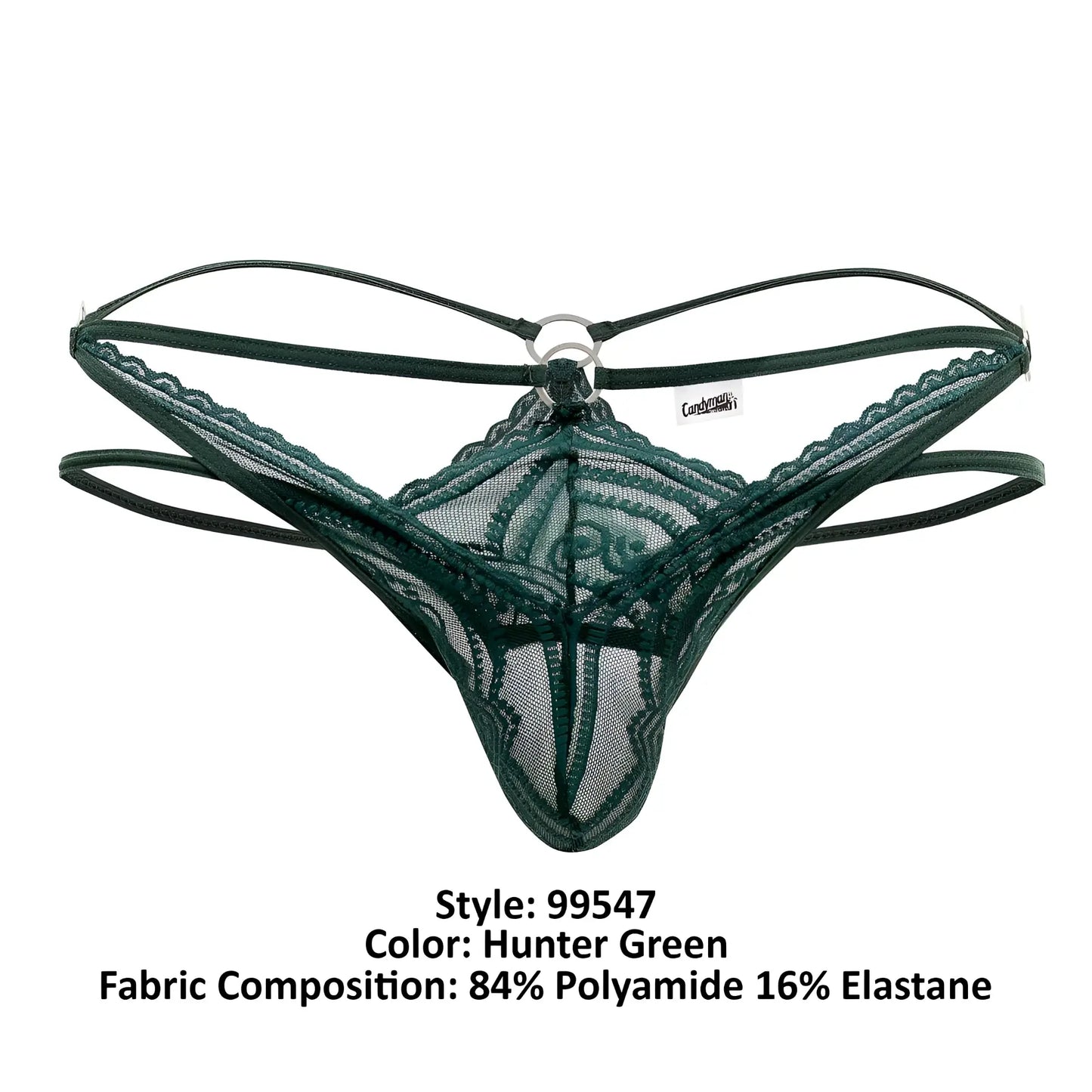 CandyMan 99547 hunter green lace thong with mesh design and thin elastic straps shown from the back side