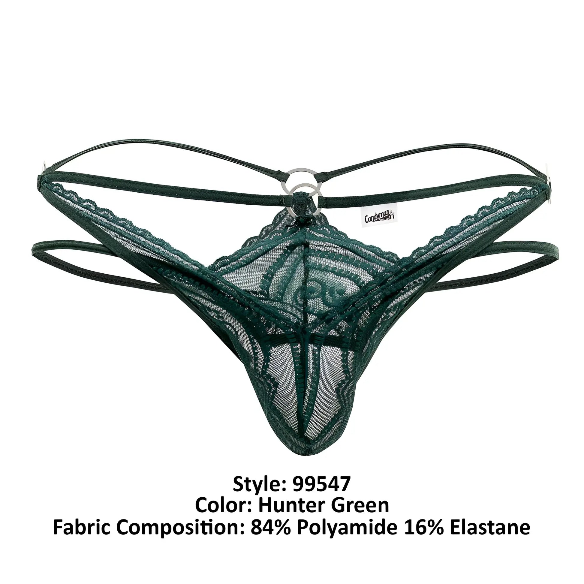 CandyMan 99547 hunter green lace thong with mesh design and thin elastic straps shown from the back side
