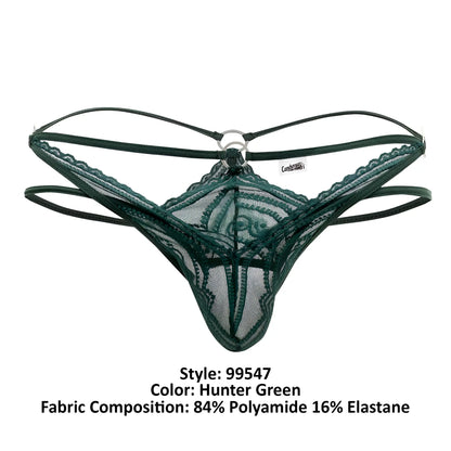 CandyMan 99547 hunter green lace thong with mesh design and thin elastic straps shown from the back side
