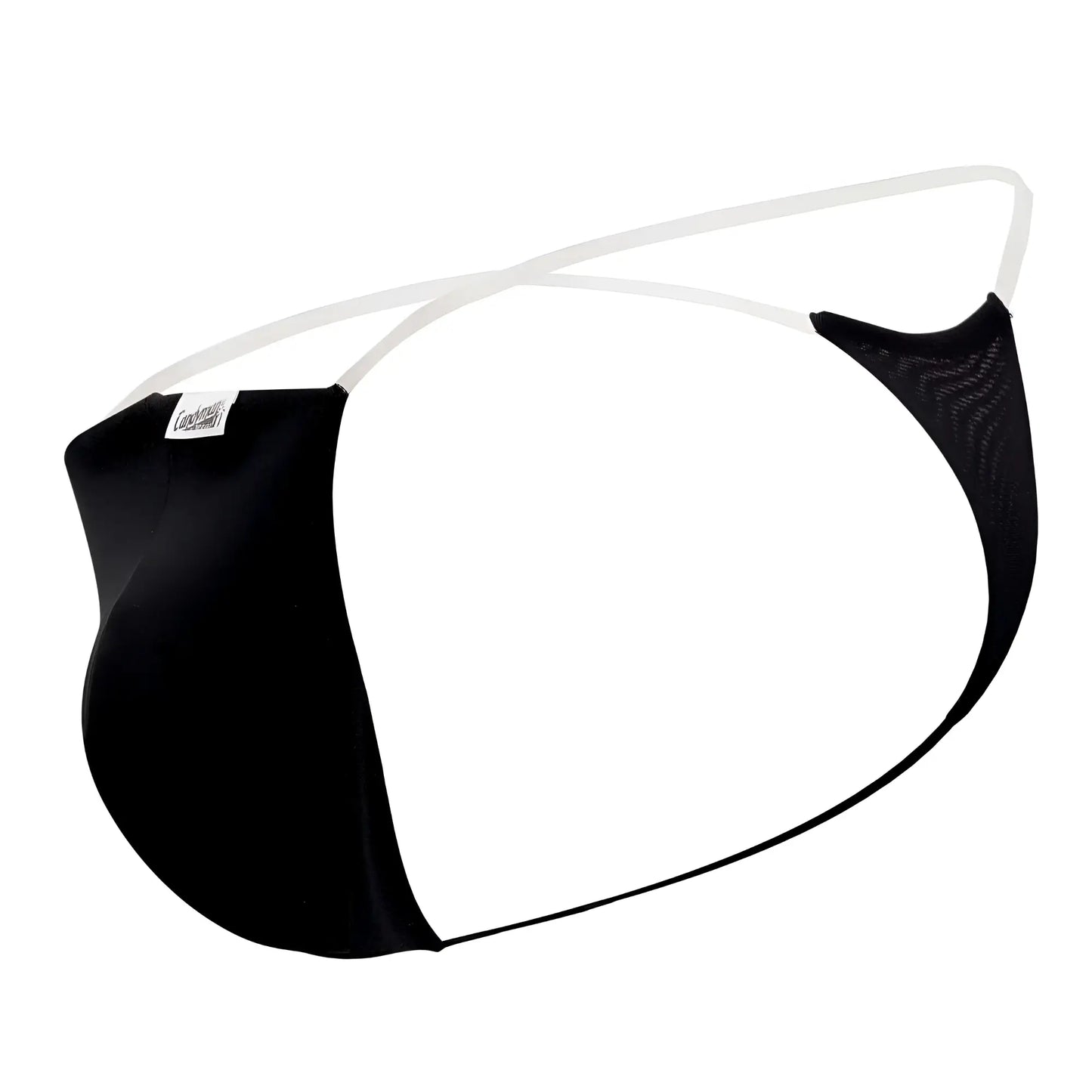 Black mesh and satin men’s thong with white elastic straps candyMan 99548 invisible micro thong front view