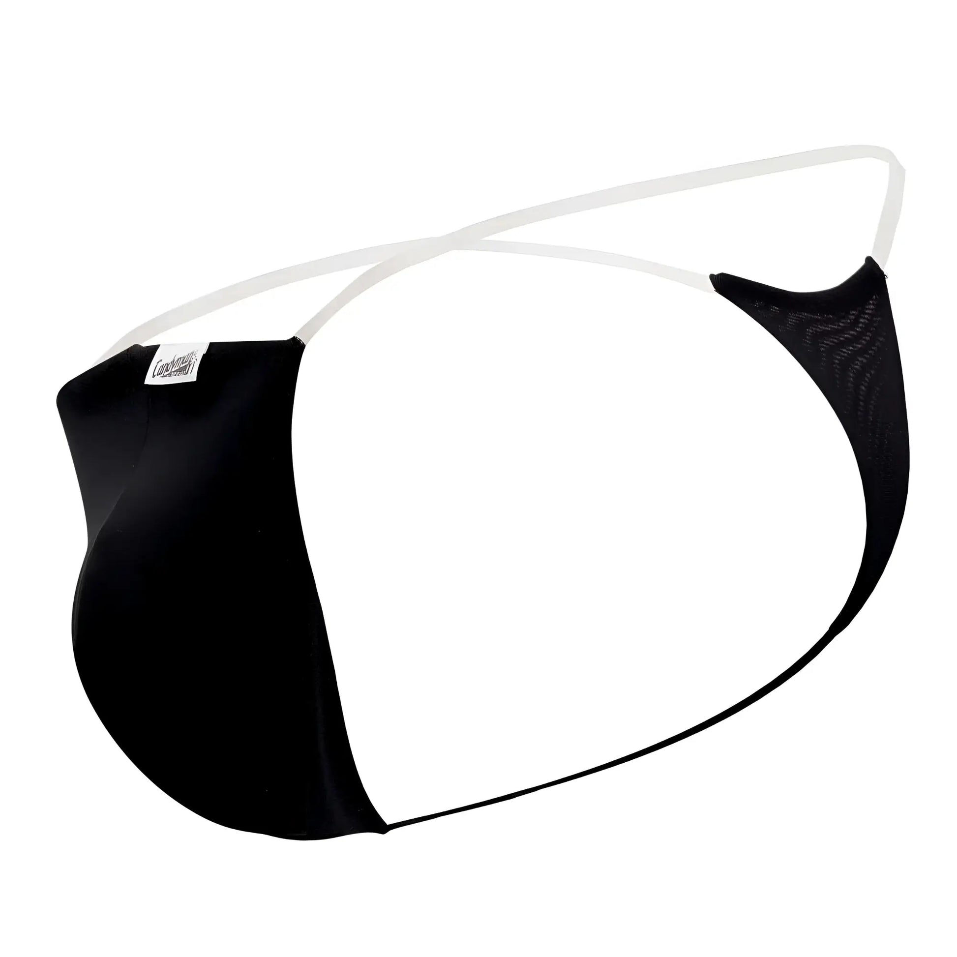 Black mesh and satin men’s thong with white elastic straps candyMan 99548 invisible micro thong front view
