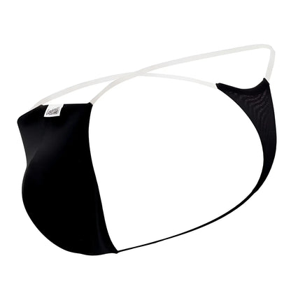 Black mesh and satin men’s thong with white elastic straps candyMan 99548 invisible micro thong front view