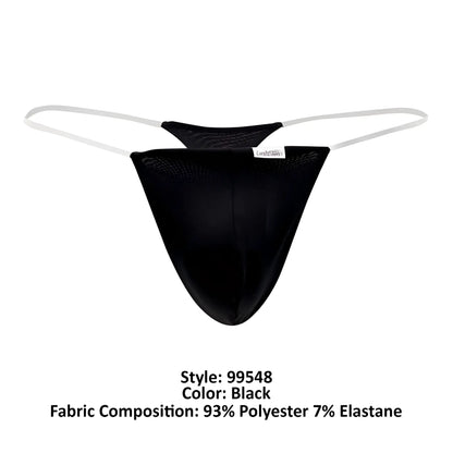 Black candyMan 99548 invisible micro thong with white elastic straps made of black mesh fabric shown from the back