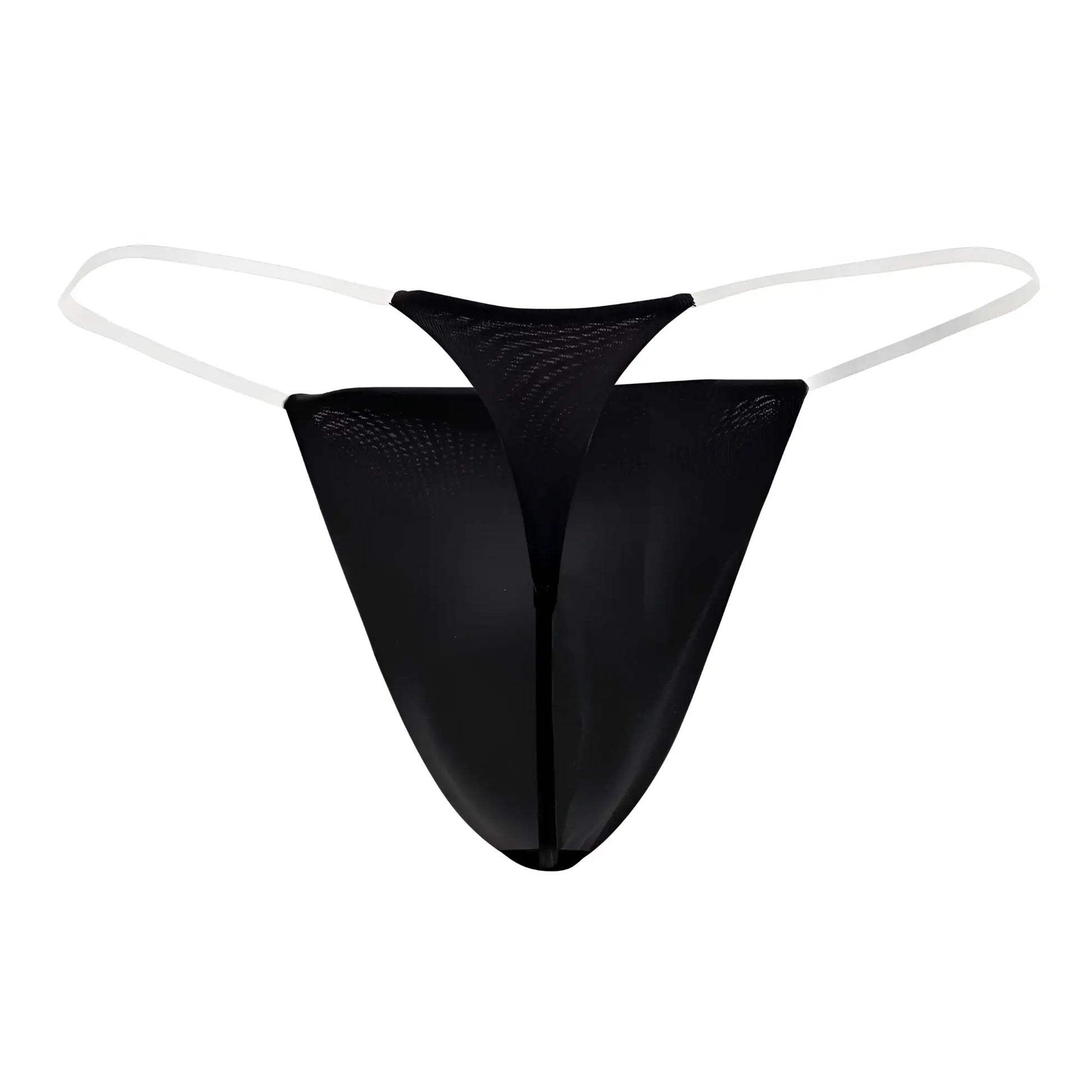 CandyMan 99548 black invisible micro thong made of black mesh with white elastic straps shown from the front