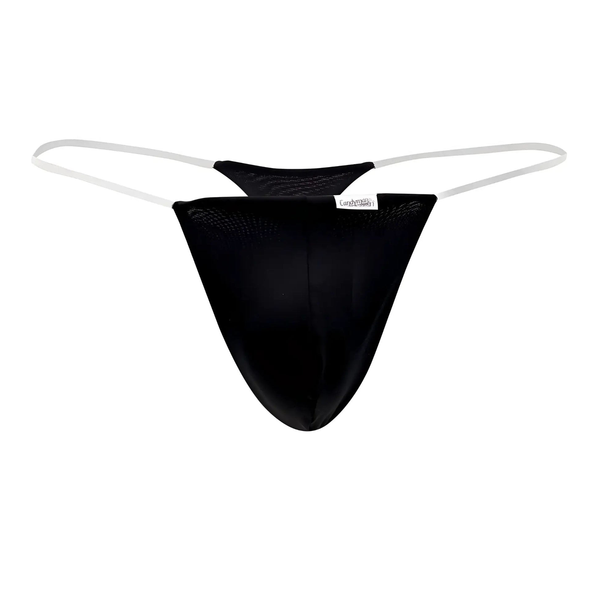 Black mesh CandyMan 99548 invisible micro thong with white elastic straps and small brand tag visible