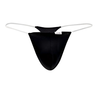 Black mesh CandyMan 99548 invisible micro thong with white elastic straps and small brand tag visible