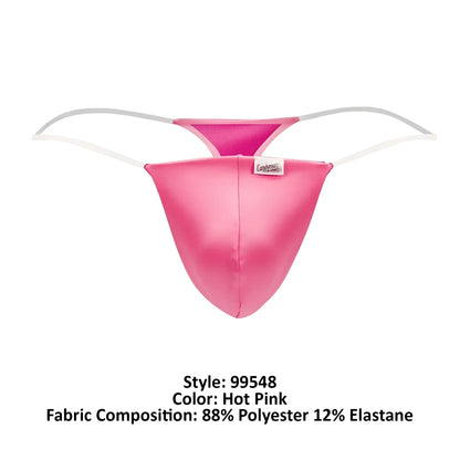CandyMan 99548 hot pink shiny polyester and elastane thong with white elastic straps visible from the back side