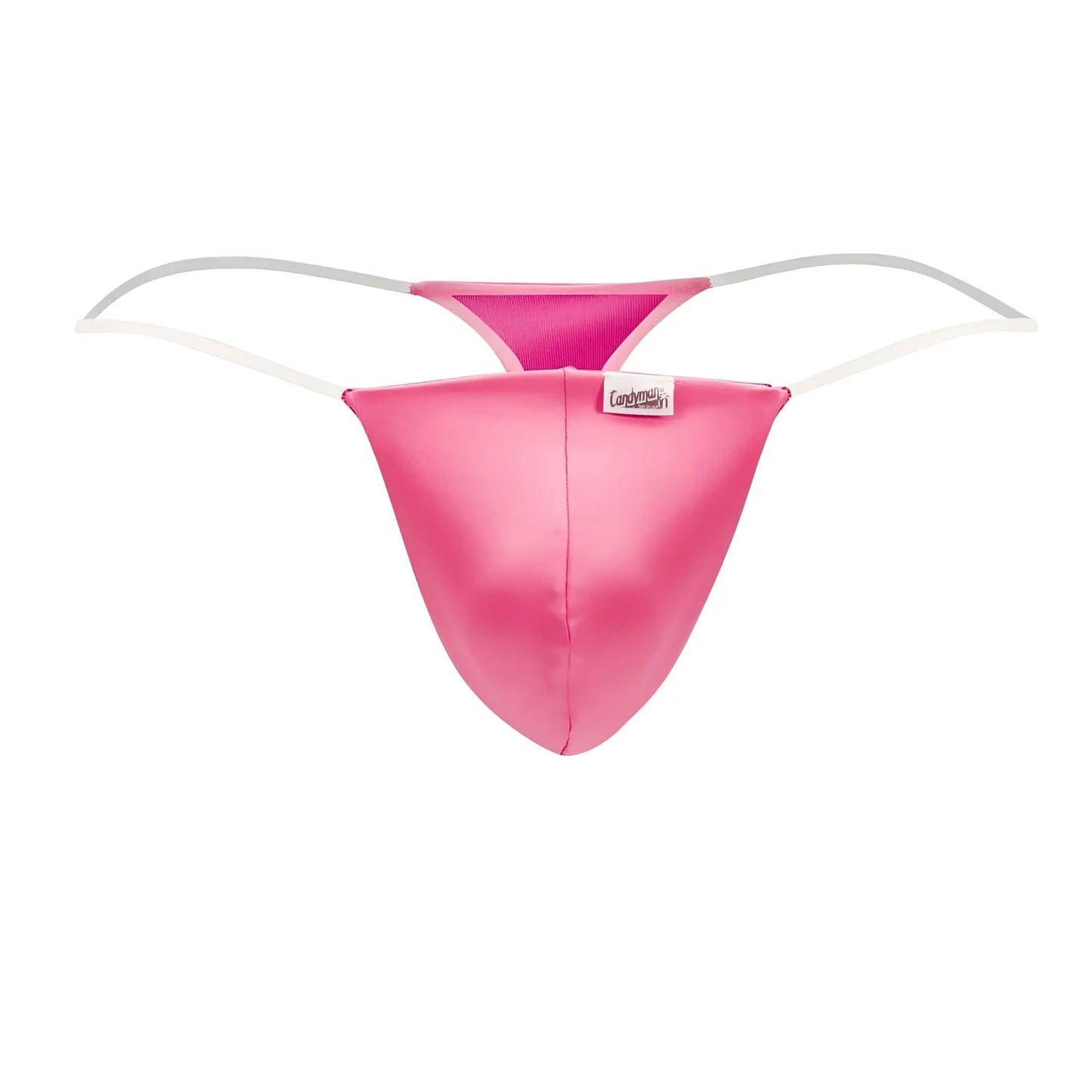 A vibrant pink satin-like candyMan 99548 invisible micro thong with white elastic straps and a small brand tag