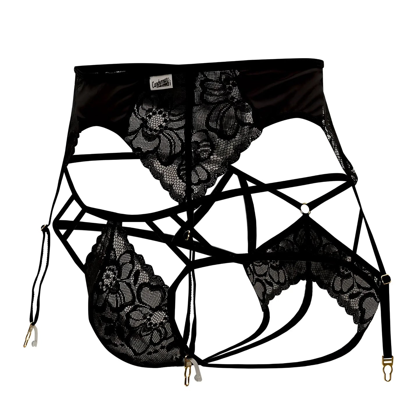 Black lace CandyMan 99550 garter-jockstrap outfit with floral patterns and adjustable straps in black