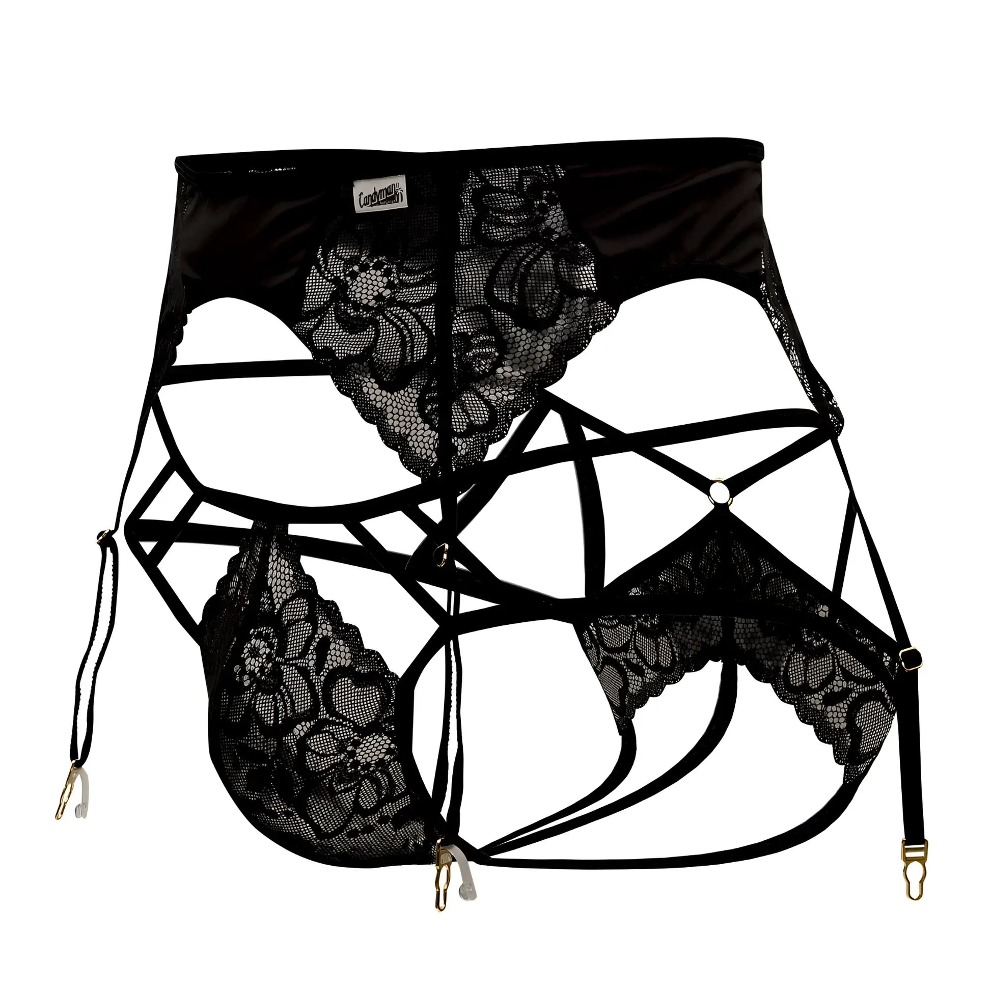 Black lace CandyMan 99550 garter-jockstrap outfit with floral patterns and adjustable straps in black