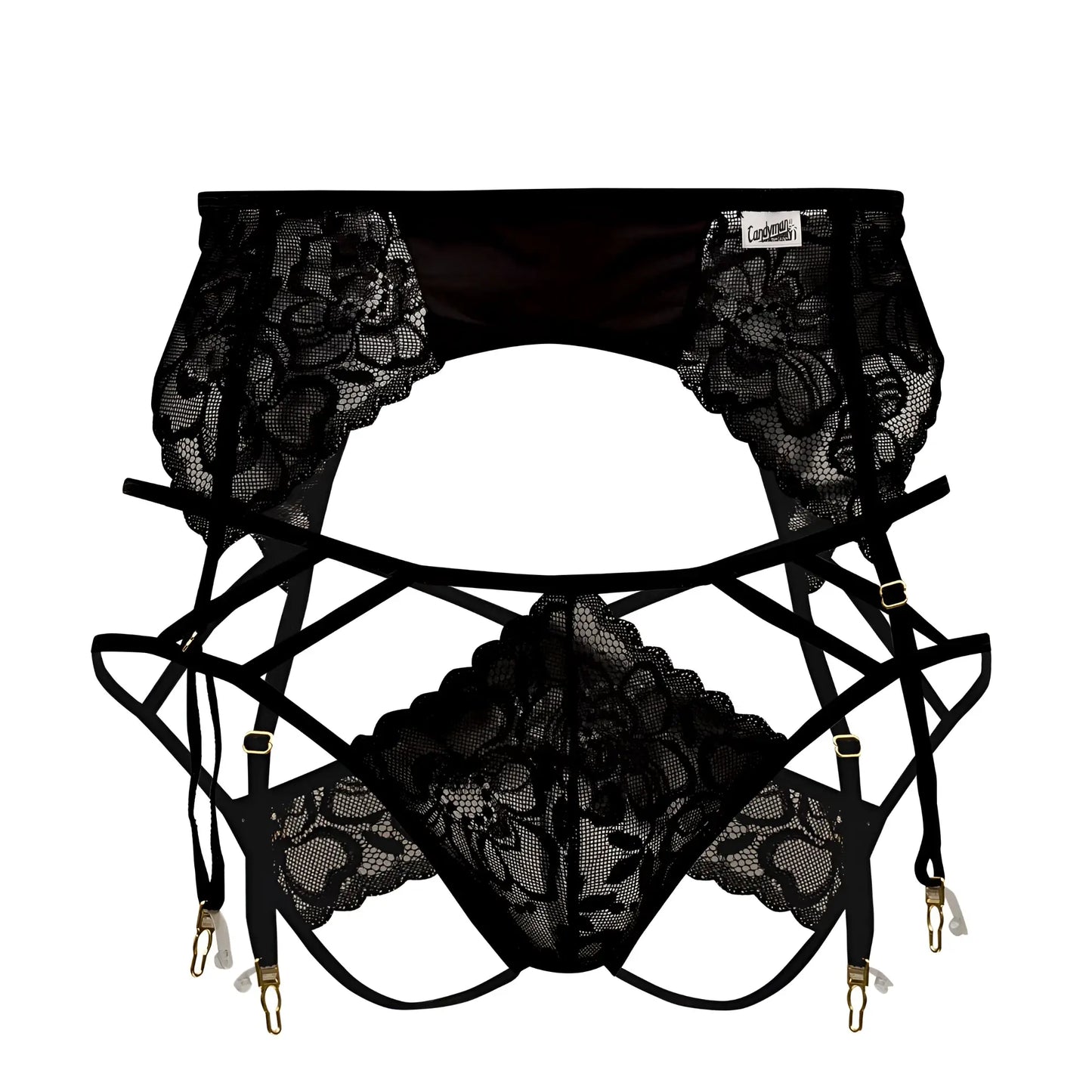 Black lace garter belt with floral patterns and adjustable straps from candyman 99550 lace garter-jockstrap outfit