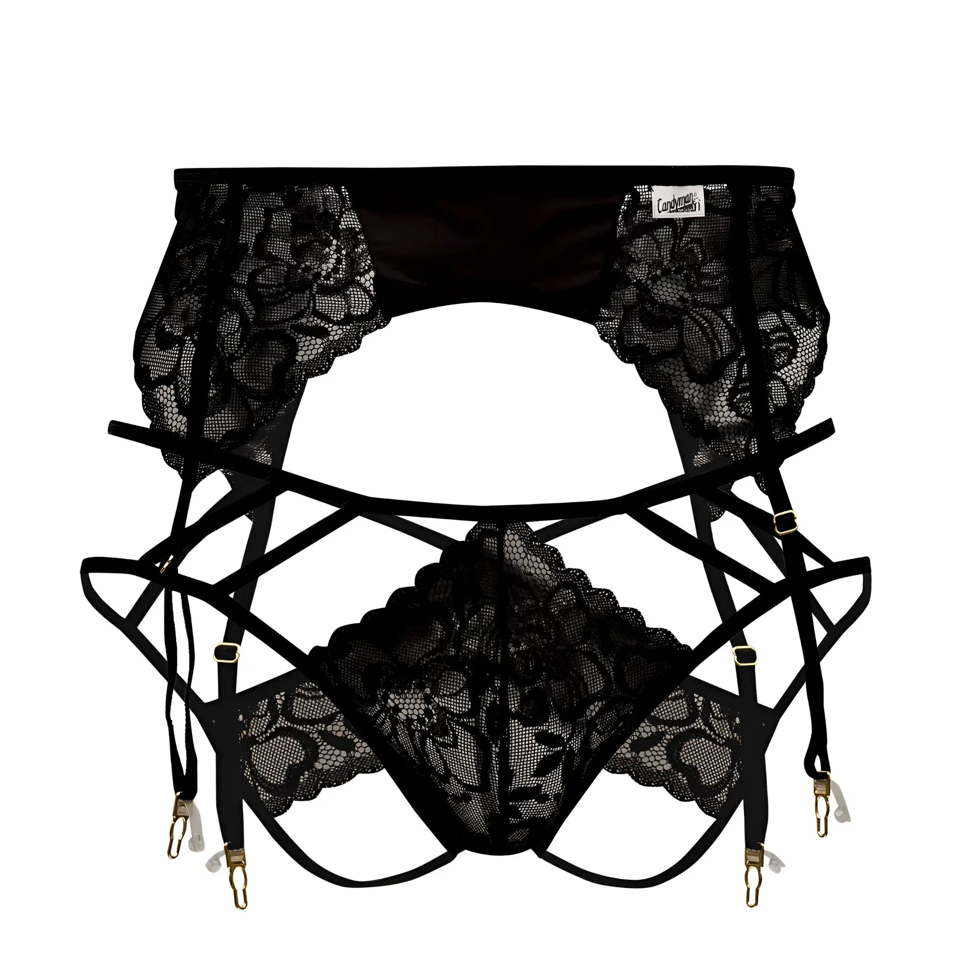 Black lace garter belt with floral patterns and adjustable straps from candyman 99550 lace garter-jockstrap outfit
