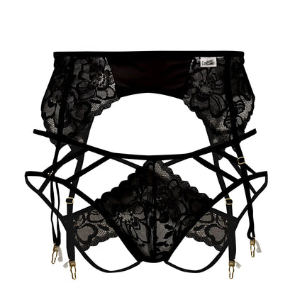 Black lace garter belt with floral patterns and adjustable straps from candyman 99550 lace garter-jockstrap outfit