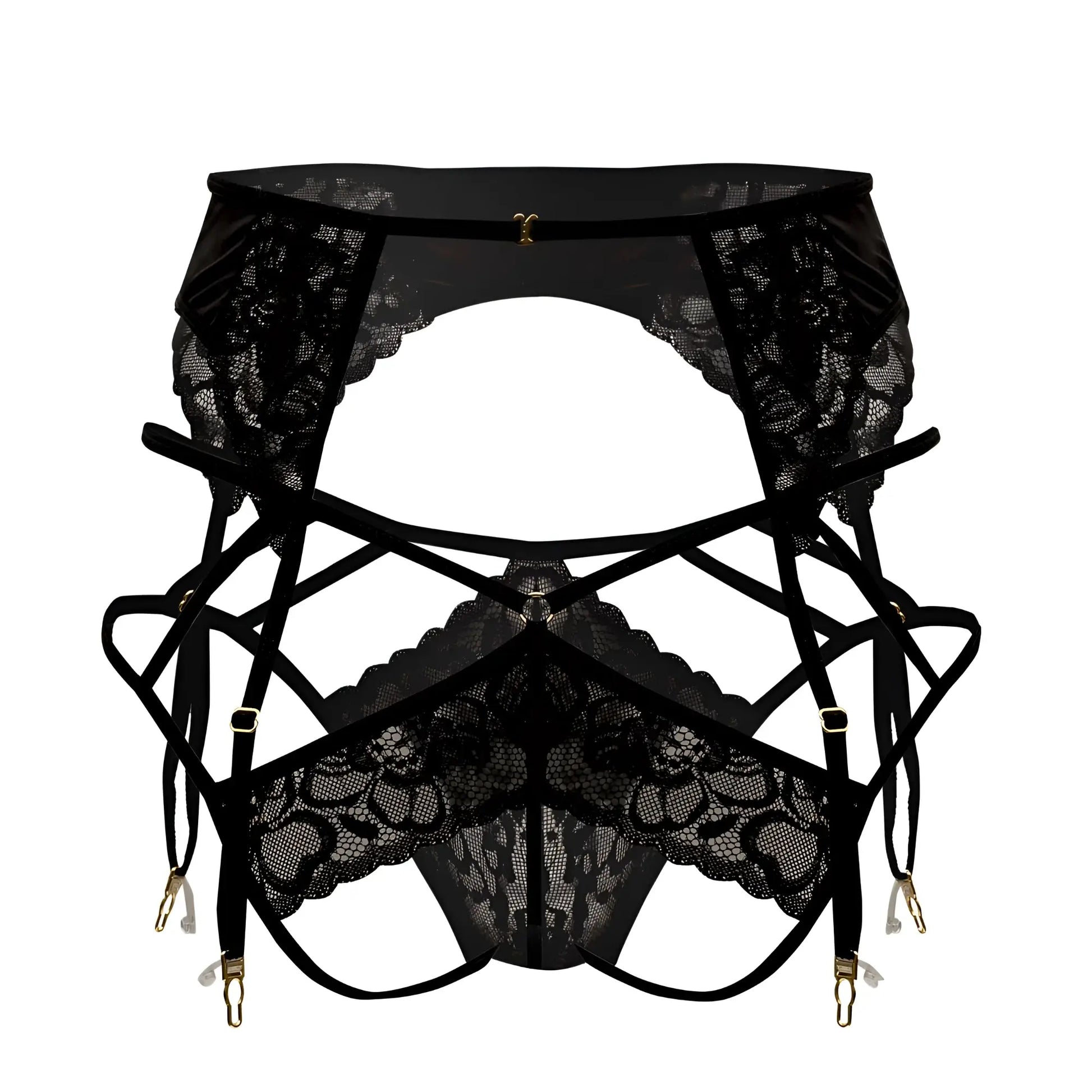 Black lace garter belt from candyman 99550 outfit with intricate floral patterns and adjustable gold-toned straps