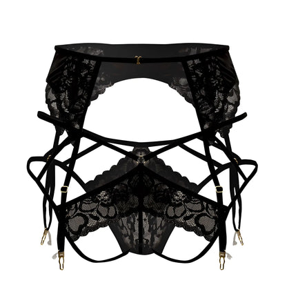 Black lace garter belt from candyman 99550 outfit with intricate floral patterns and adjustable gold-toned straps