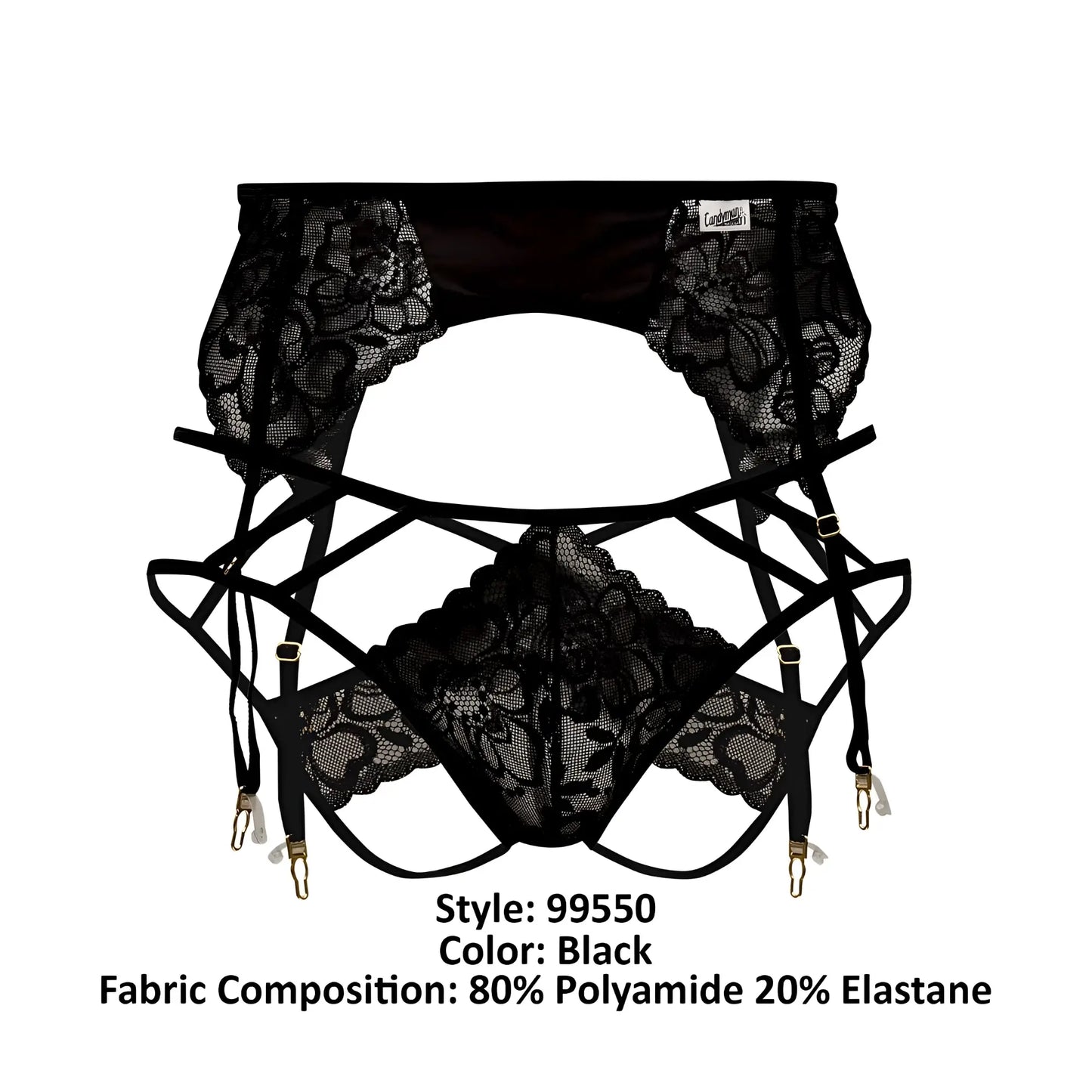 Black lace CandyMan 99550 garter belt with intricate floral patterns and adjustable straps in black color