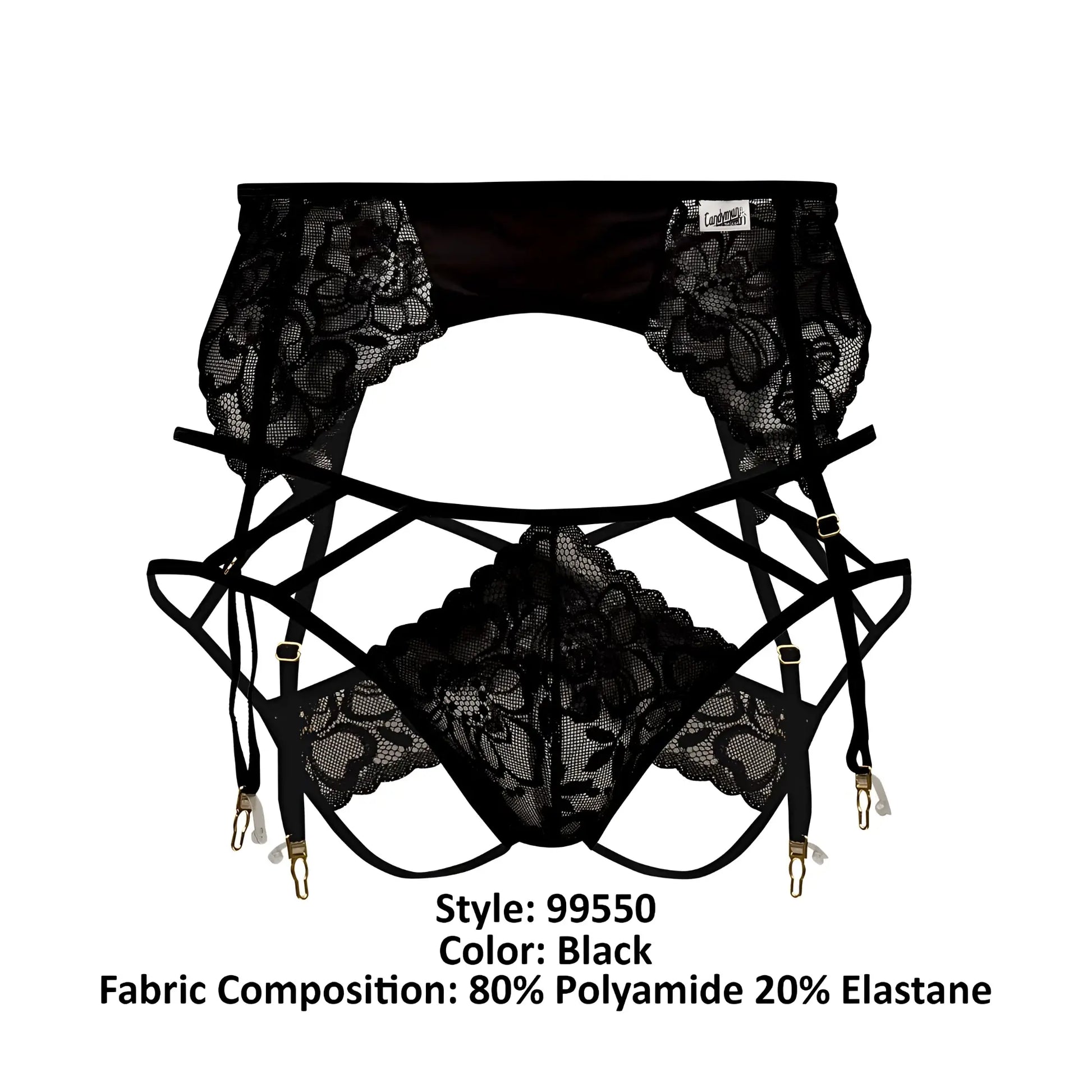 Black lace CandyMan 99550 garter belt with intricate floral patterns and adjustable straps in black color