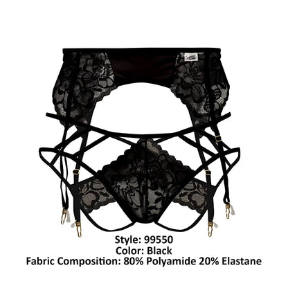 Black lace CandyMan 99550 garter belt with intricate floral patterns and adjustable straps in black color