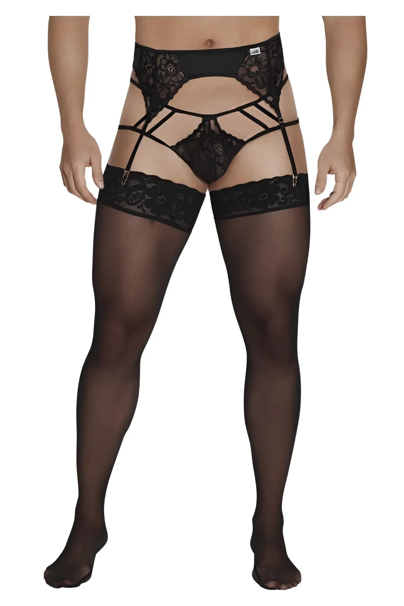 Black lace CandyMan 99550 garter-jockstrap outfit with sheer stockings in black showcasing intricate lingerie design