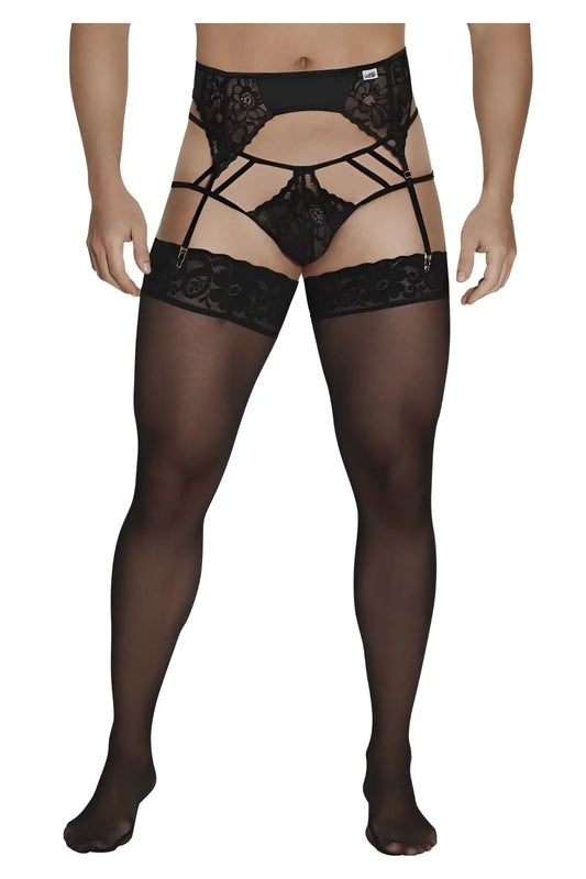 Black lace CandyMan 99550 garter-jockstrap outfit with sheer stockings in black showcasing intricate lingerie design