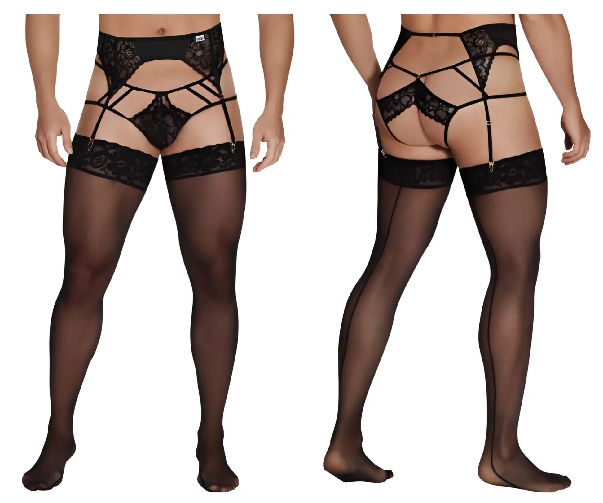 Black lace garter belt with sheer stockings part of candyman 99550 lace garter-jockstrap outfit in black