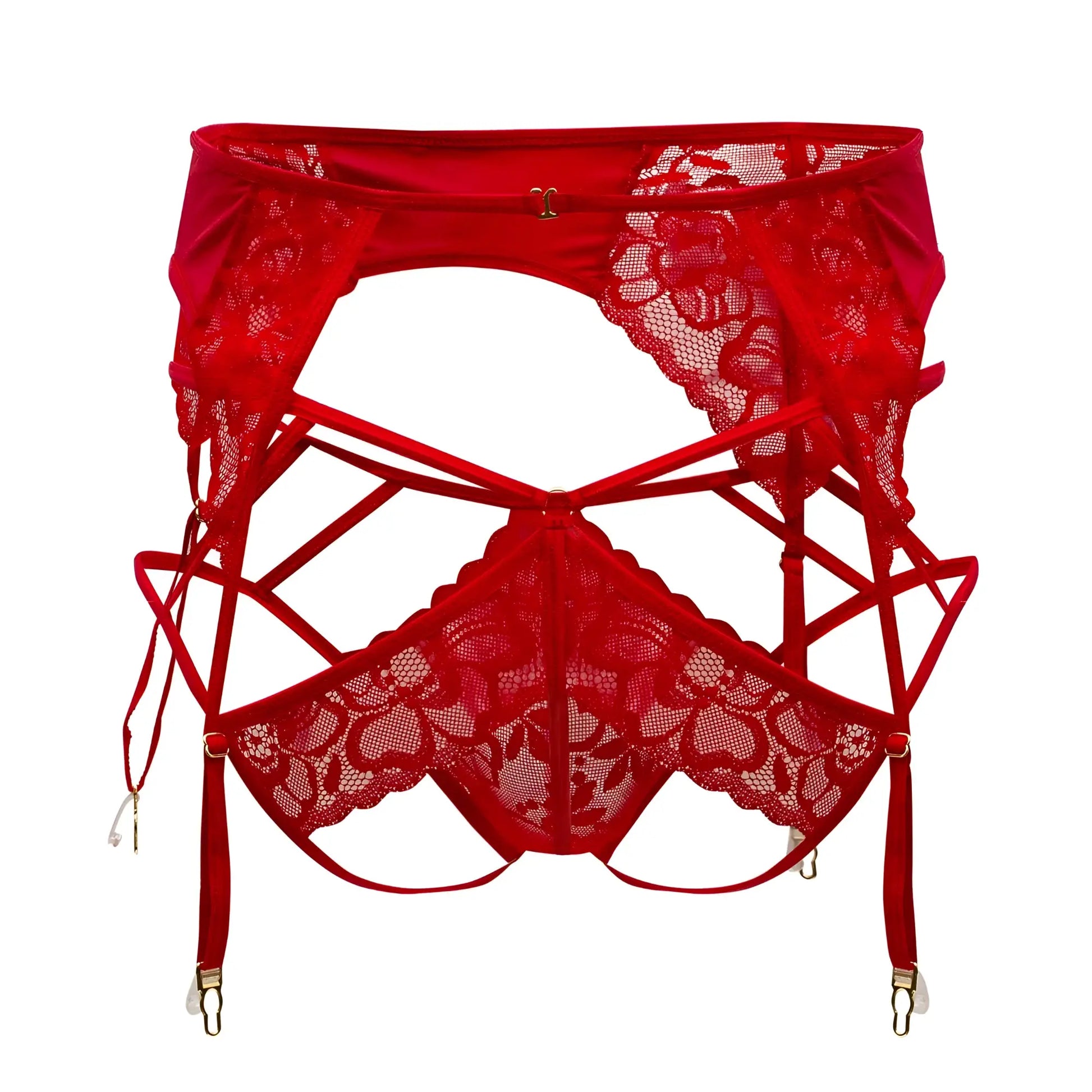 Red lace garter-jockstrap outfit with floral patterns and adjustable straps by candyman in vibrant red