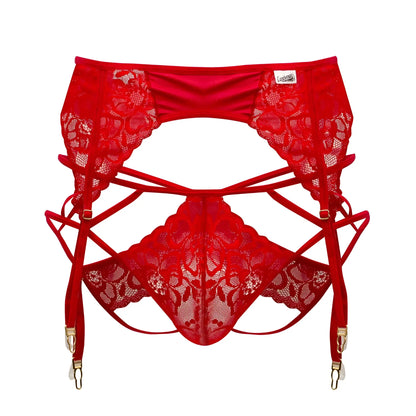 Red candyMan 99550 lace garter jockstrap outfit with floral lace garter belt and matching suspenders